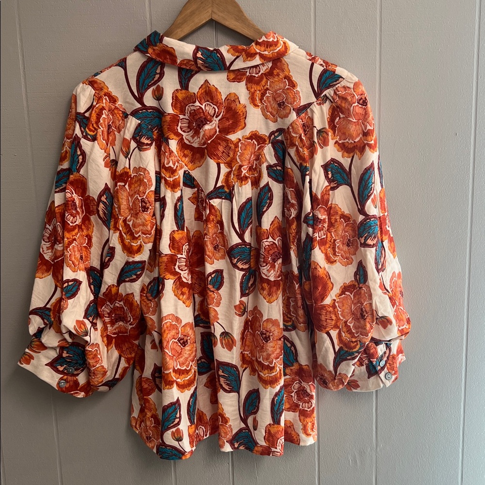NWT Floral Entro Top Blouse Shirt Large Orange Blue - Picture 8 of 14